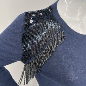 AnnaRita N Knit Couture Blue Pullover Sweater with Beaded Shoulders Chain Fringe